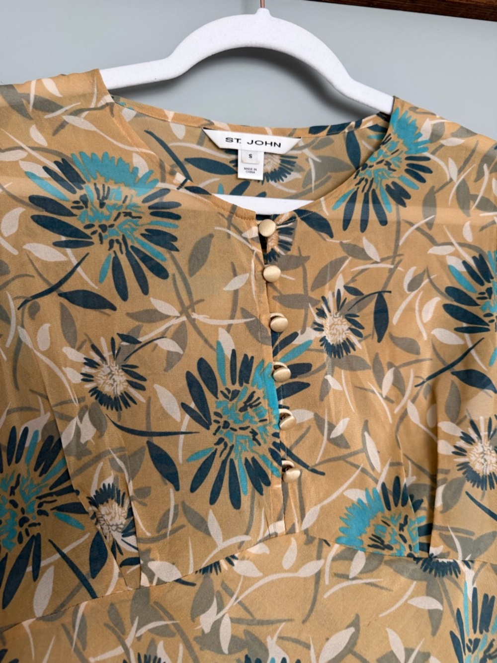 St. John Silk Teal Golden Yellow Floral Collarless Cap Sleeve Sheer Blouse Top - Picture 4 of 16